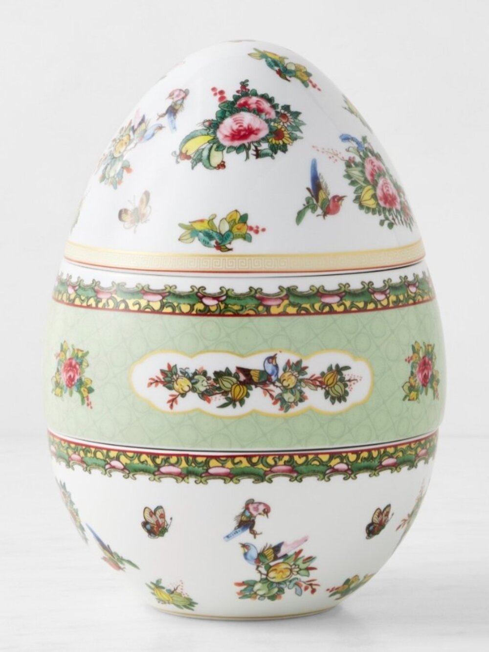 Williams Sonoma Porcelain Decorative Egg with Pastel Green and Floral Accents